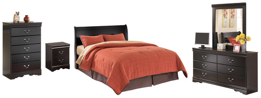 Cabecera de cama estilo trineo Huey Vineyard Queen con tocador con espejo, cómoda y mesita de noche