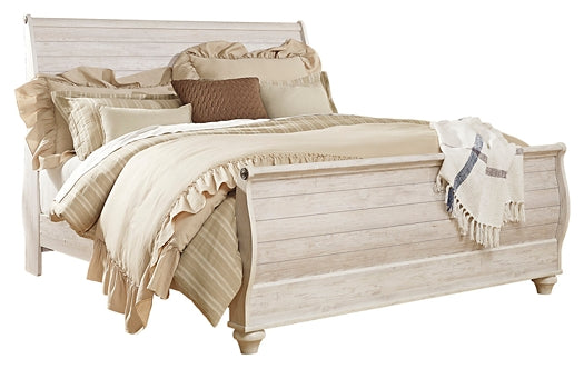 Cama tipo trineo Willowton con tocador con espejo, cómoda y mesita de noche