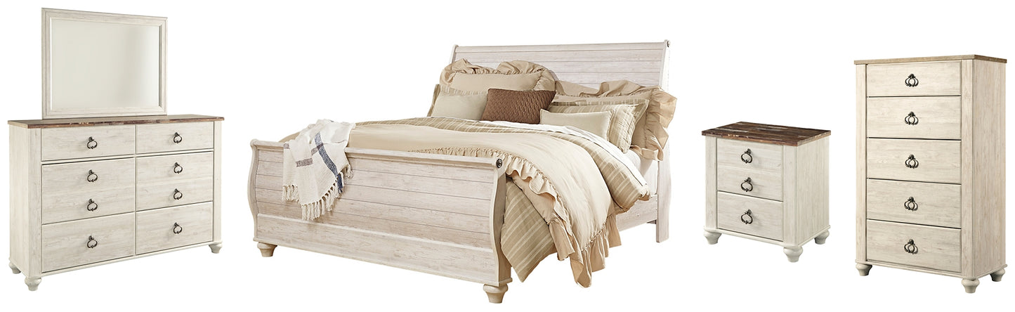 Cama tipo trineo Willowton con tocador con espejo, cómoda y mesita de noche