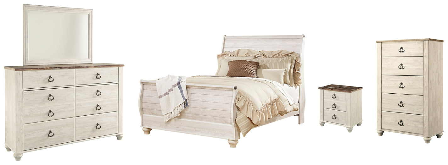 Cama tipo trineo Willowton con tocador con espejo, cómoda y mesita de noche