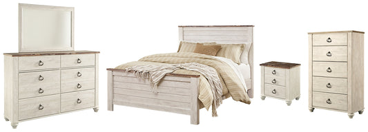 Cama Willowton con paneles, cómoda con espejo y mesita de noche