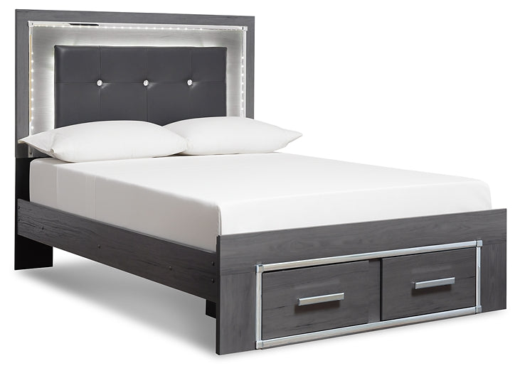 Cama Queen Lodanna con dos cajones, cómoda con espejo y mesita de noche