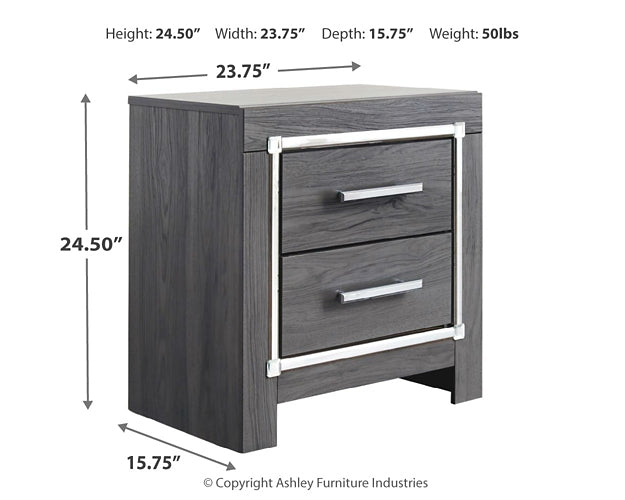 Cama Queen Lodanna con dos cajones, cómoda con espejo y mesita de noche