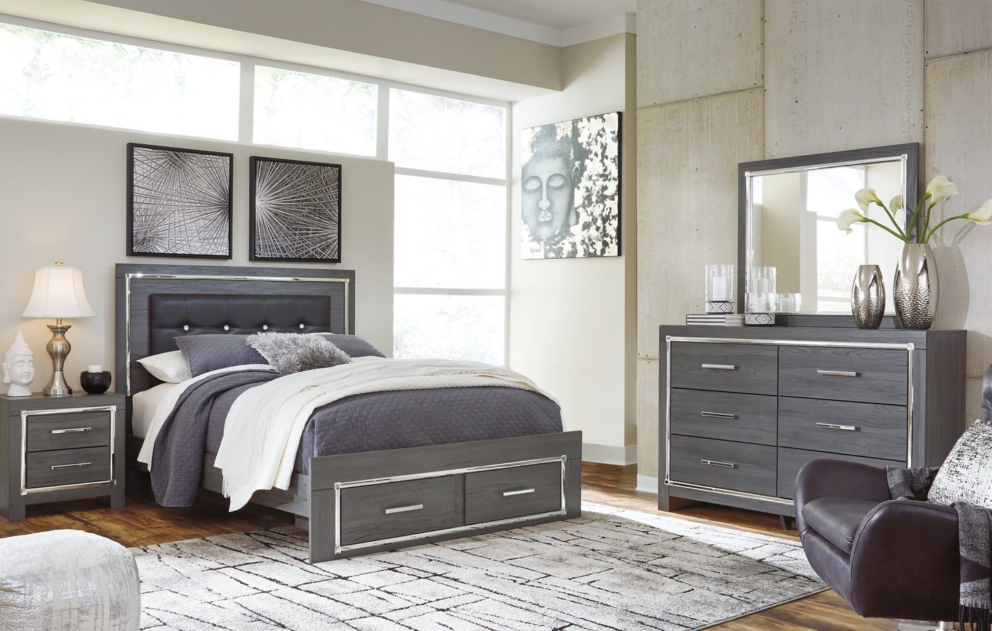 Cama Queen Lodanna con dos cajones, cómoda con espejo y mesita de noche