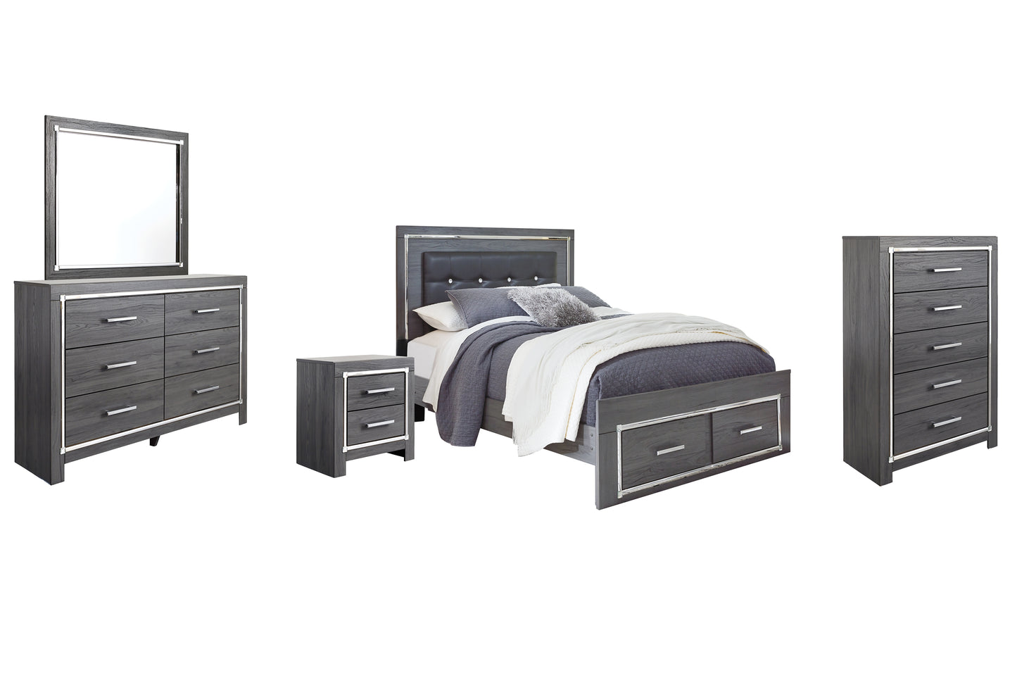 Cama Queen Lodanna con dos cajones, cómoda con espejo y mesita de noche