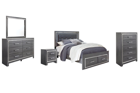 Cama Queen Lodanna con dos cajones, cómoda con espejo y mesita de noche