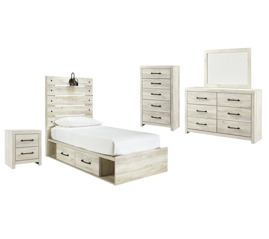 Cama Cambeck con dos cajones, cómoda con espejo y mesita de noche