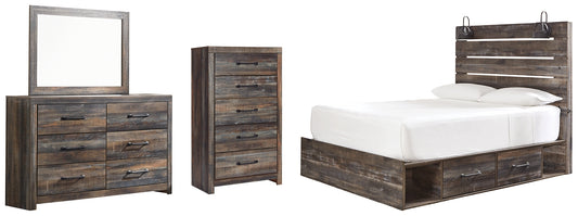 Cama Drystan Queen con paneles, 4 cajones de almacenamiento, cómoda con espejo y cómoda
