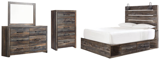 Cama Drystan Queen con dos cajones de almacenamiento, cómoda con espejo y cómoda