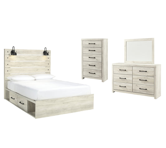 Cama con paneles Cambeck y dos cajones de almacenamiento con cómoda y espejo