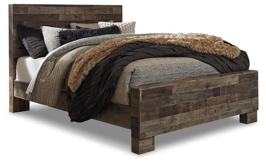 Cama Queen Derekson con paneles, cómoda con espejo y mesita de noche