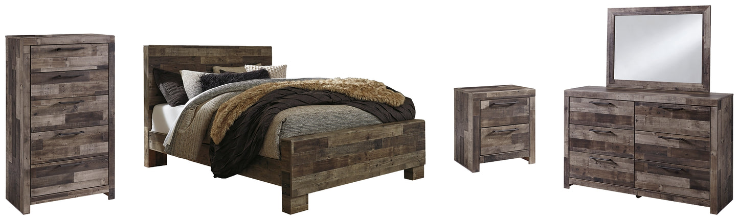 Cama Queen Derekson con paneles, cómoda con espejo y mesita de noche