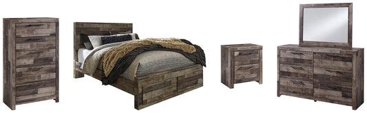 Cama Queen Derekson con dos cajones de almacenamiento, cómoda con espejo, cómoda y mesita de noche