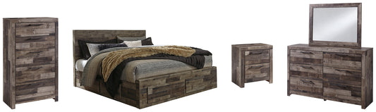 Cama Derekson King con 4 cajones de almacenamiento, cómoda con espejo, cómoda y mesita de noche