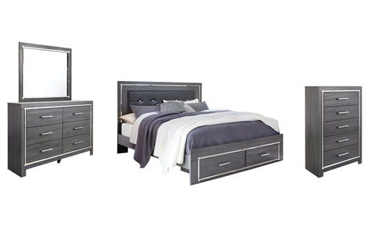 Cama King Lodanna con dos cajones, cómoda con espejo y mesita de noche