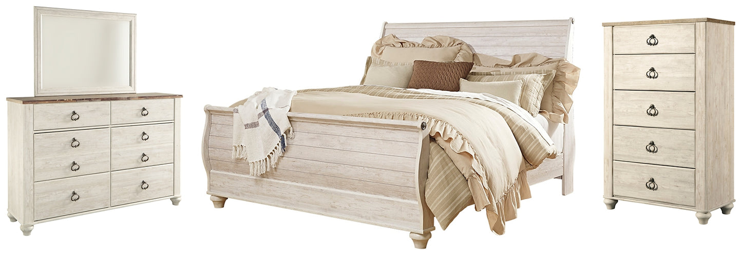 Cama tipo trineo Willowton con cómoda y arcón con espejo