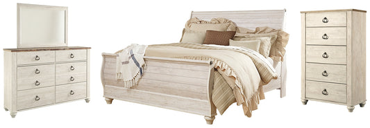 Cama tipo trineo Willowton con cómoda y arcón con espejo