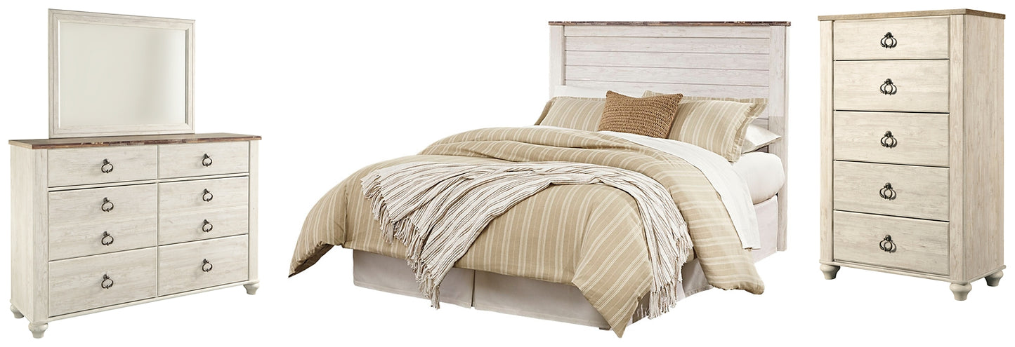 Cabecero Willowton con panel, cómoda y espejo