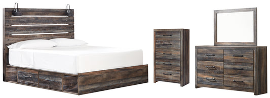 Cama Drystan King con 4 cajones de almacenamiento, cómoda con espejo y cómoda