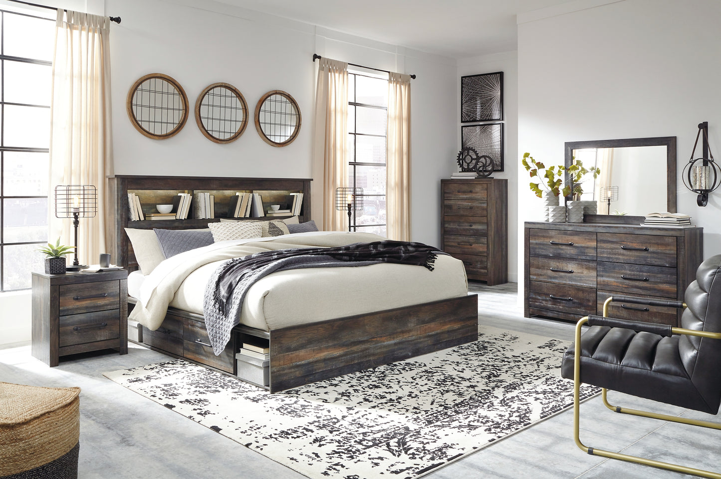 Cama con estantería Drystan King con 2 cajones de almacenamiento, cómoda con espejo y cómoda