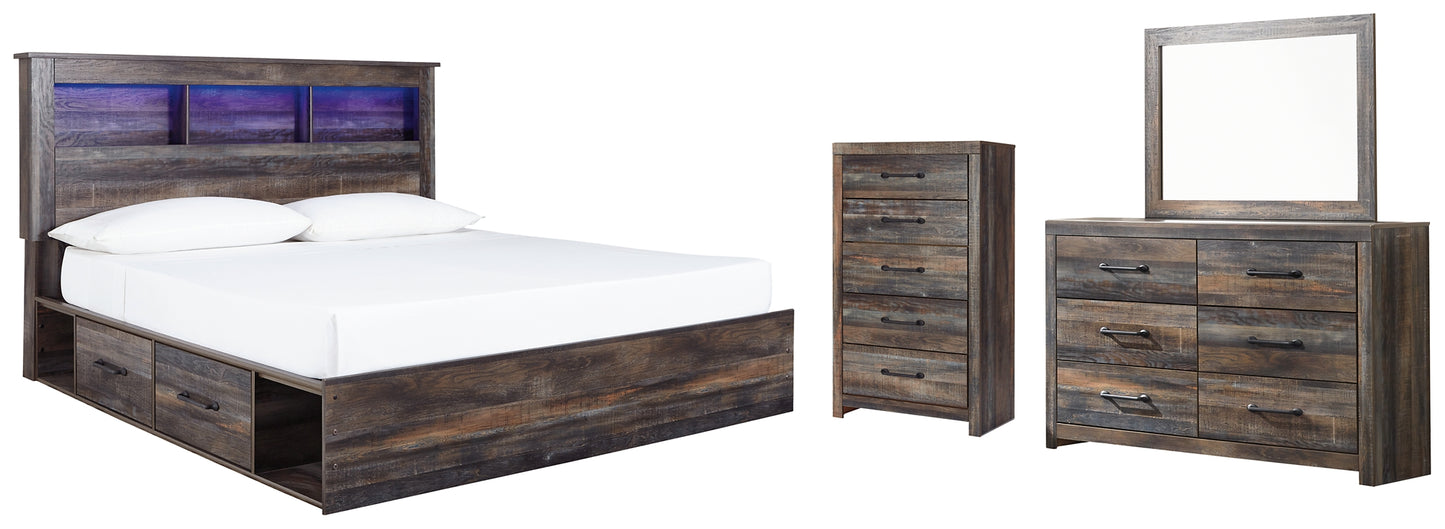 Cama con estantería Drystan King con 2 cajones de almacenamiento, cómoda con espejo y cómoda