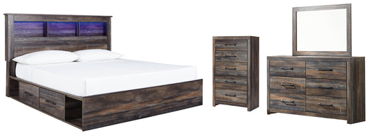 Cama con estantería Drystan King con 2 cajones de almacenamiento, cómoda con espejo y cómoda