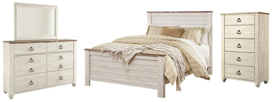 Cama Willowton Queen con paneles, cómoda y espejo
