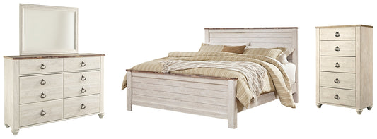 Cama Willowton California King con paneles, cómoda y espejo
