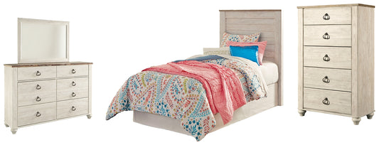 Cabecero Willowton con panel, cómoda y espejo