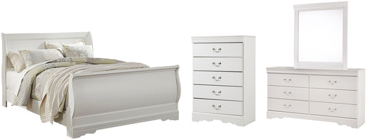 Cama Anarasia Queen tipo trineo con tocador y cómoda con espejo