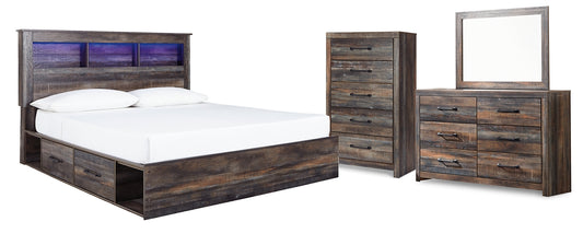 Cama con estantería Drystan King con 4 cajones de almacenamiento, cómoda con espejo y cómoda