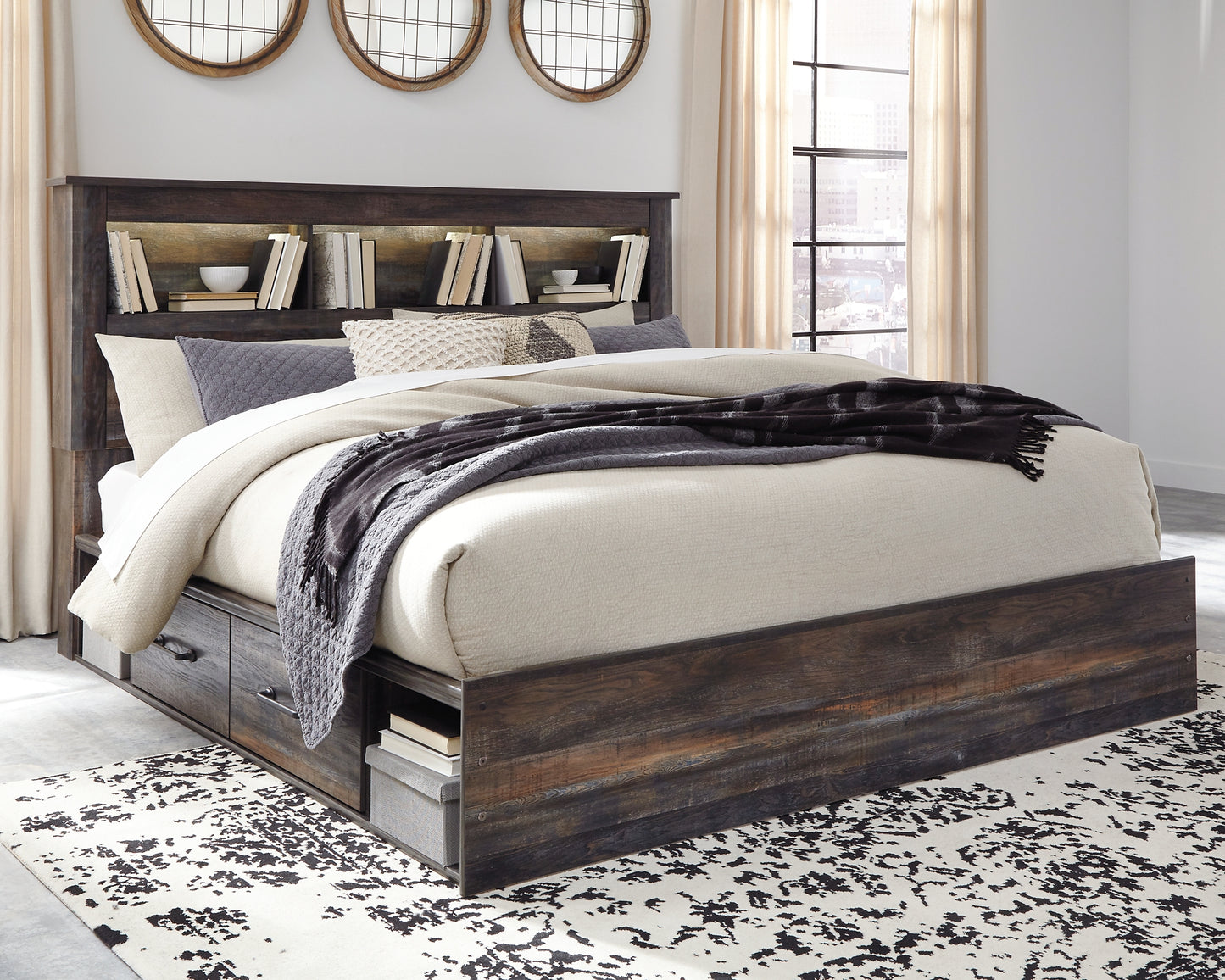 Cama con estantería Drystan King con 4 cajones de almacenamiento, cómoda con espejo y cómoda