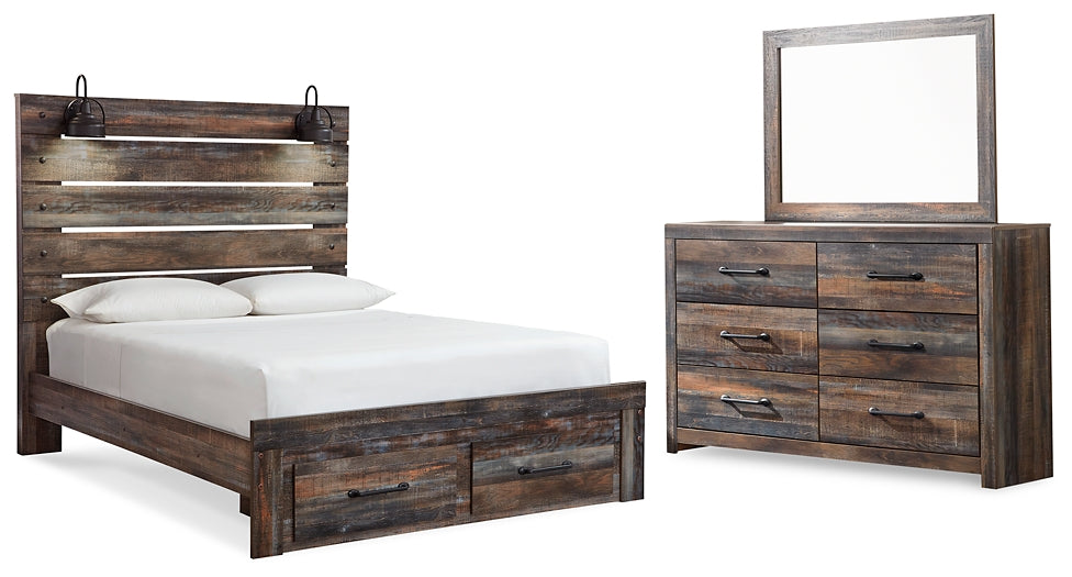 Cama Drystan Queen con dos cajones y tocador con espejo