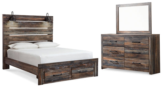 Cama Drystan Queen con dos cajones y tocador con espejo