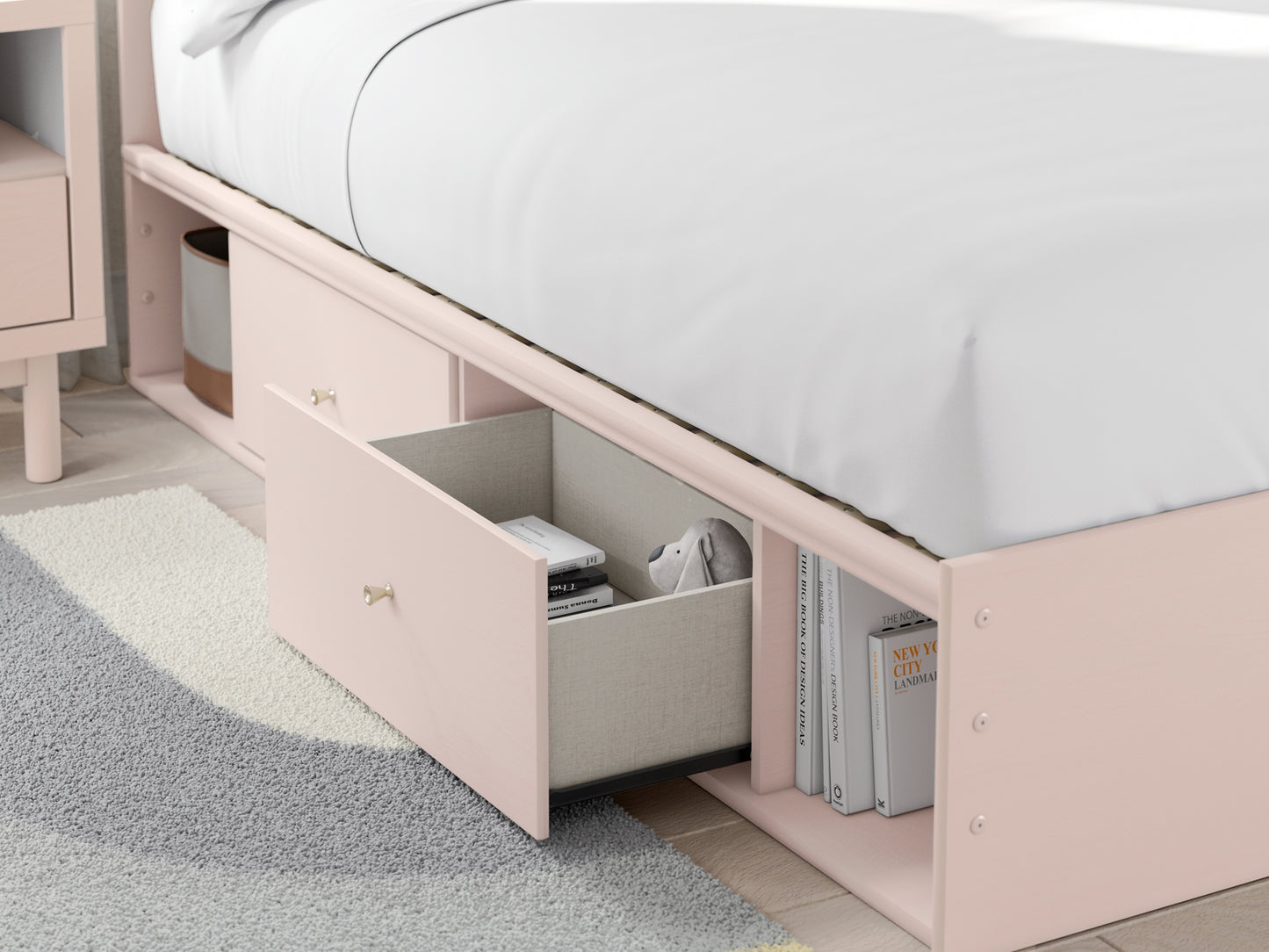 Cama Wistenpine con paneles tapizados y almacenamiento