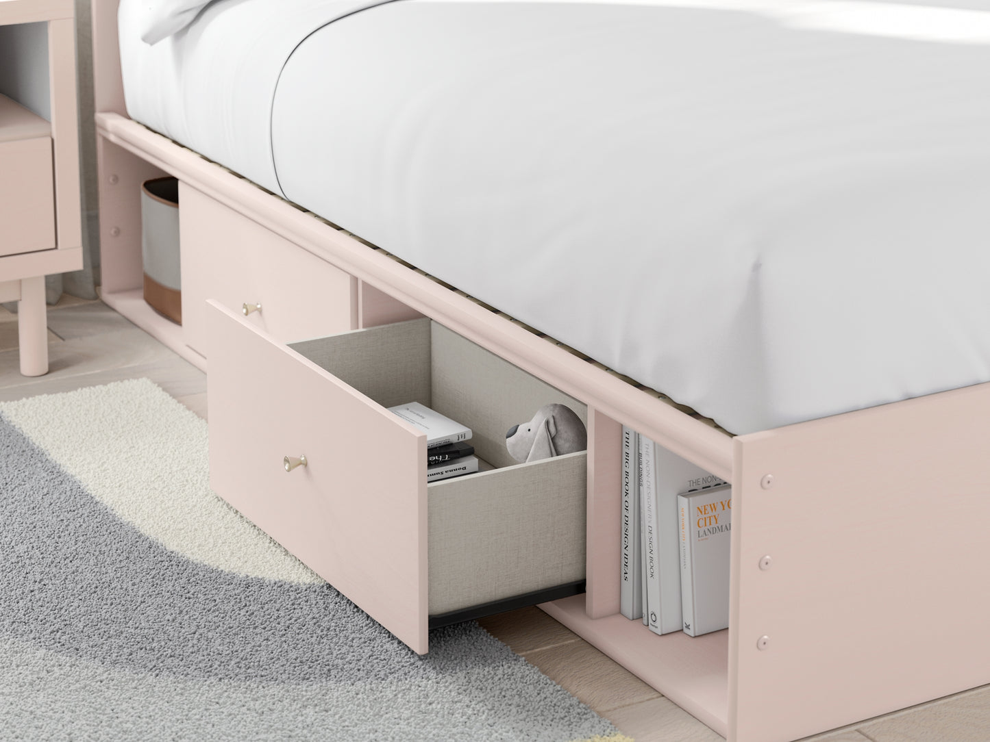 Cama Wistenpine con paneles tapizados y almacenamiento