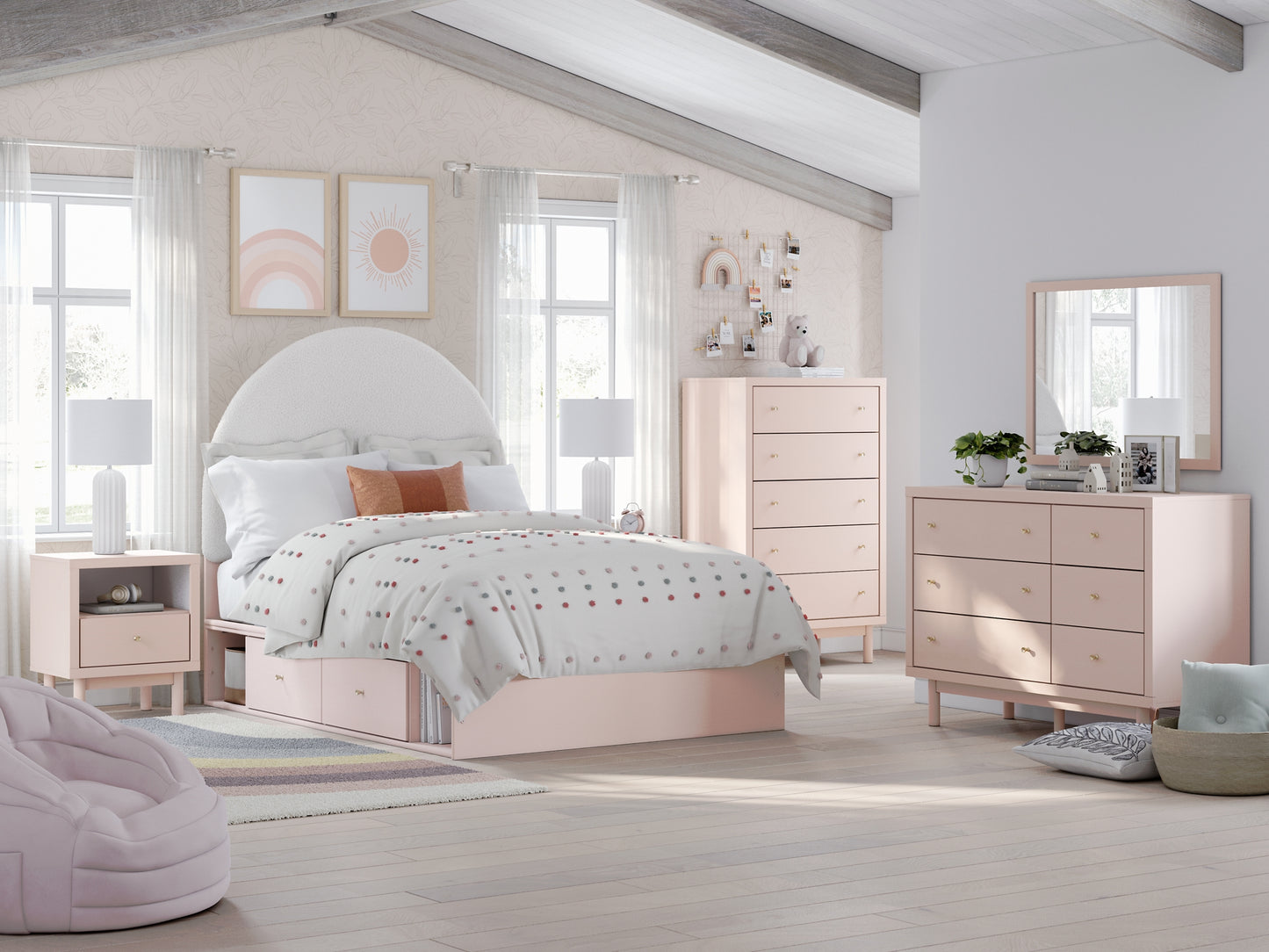 Cama Wistenpine con paneles tapizados y almacenamiento