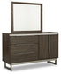 Cama Arkenton King con paneles, cómoda con espejo, cómoda y mesita de noche