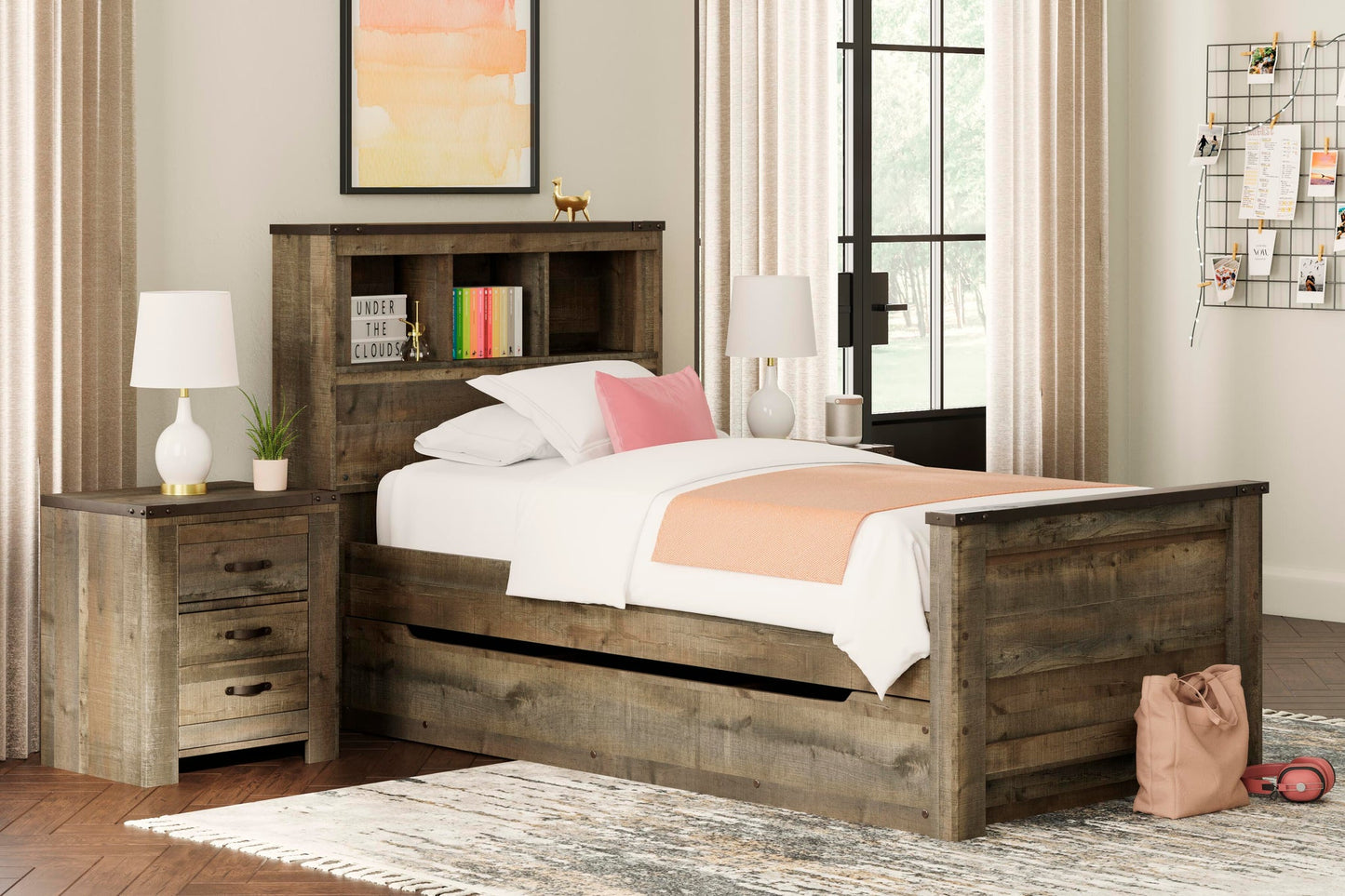Cama librería individual Trinell con 1 cajón grande de almacenamiento