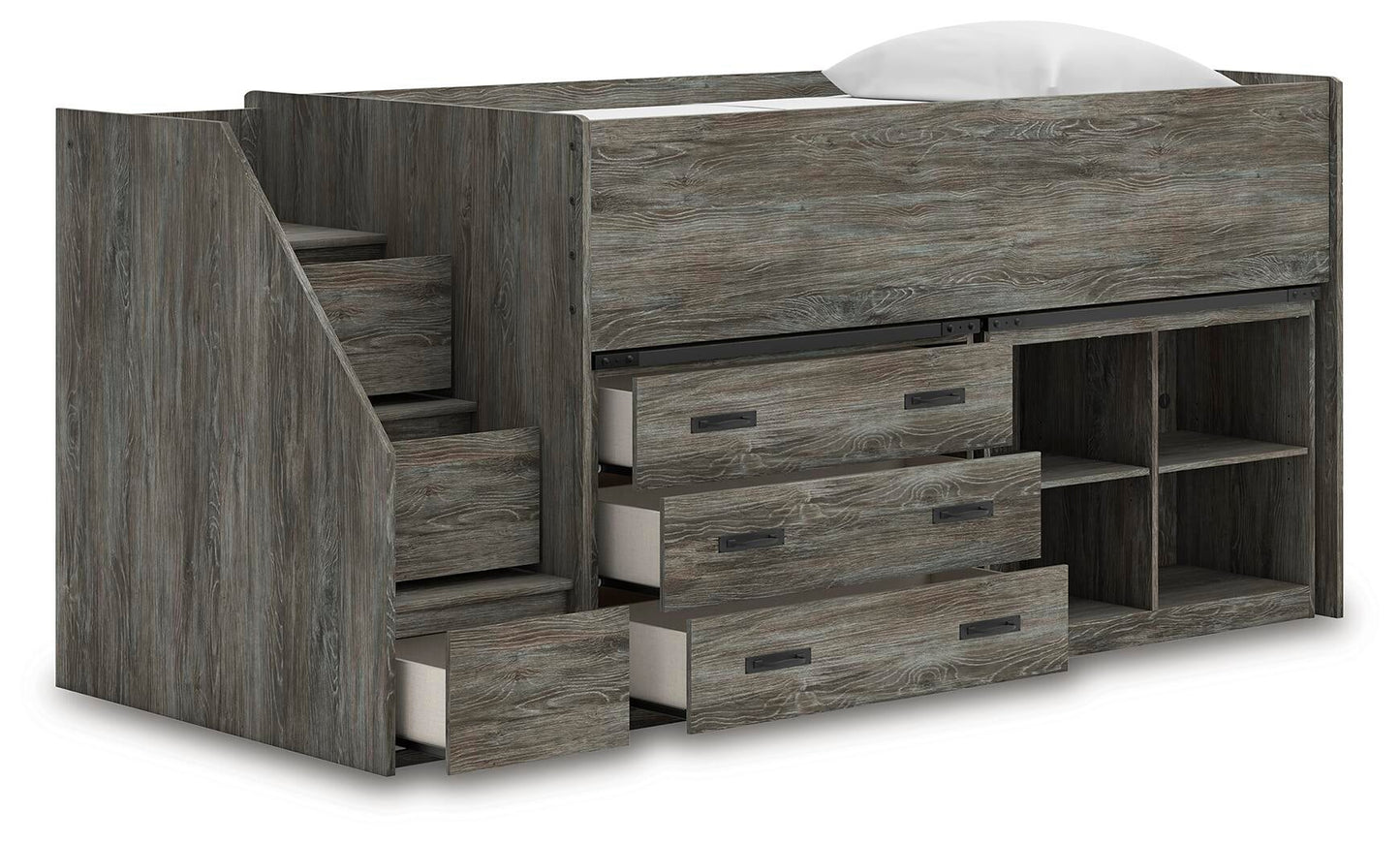 Cama alta individual Frandern con estantería y cajón de almacenamiento
