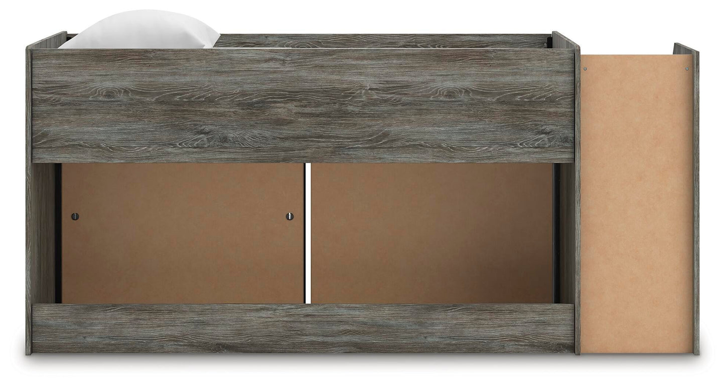 Cama alta individual Frandern con estantería y cajón de almacenamiento