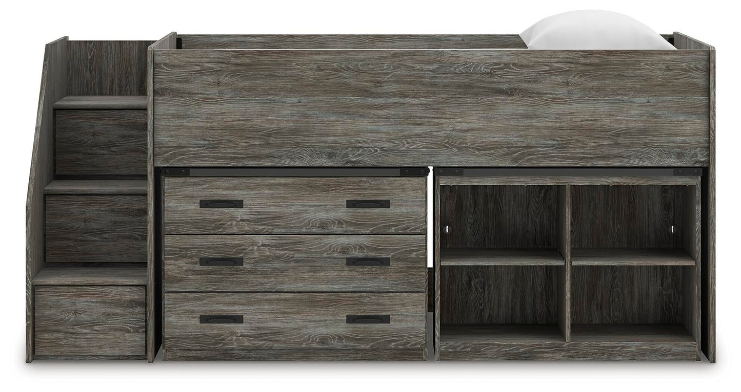 Cama alta individual Frandern con estantería y cajón de almacenamiento