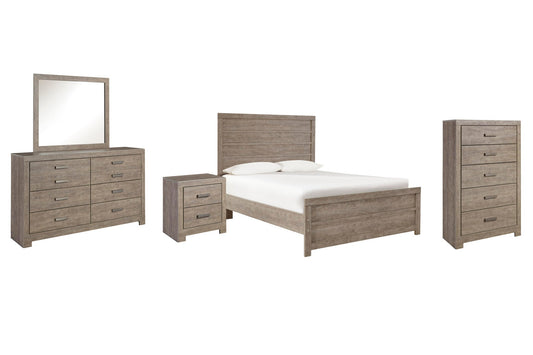Cama Culverbach con paneles completos, tocador con espejo, cómoda y mesita de noche