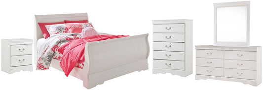 Cama Anarasia tipo trineo con tocador con espejo, cómoda y mesita de noche