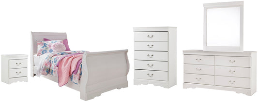 Cama Anarasia Twin con dosel, cómoda con espejo y mesita de noche