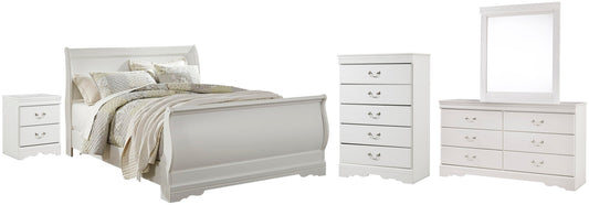 Cama Anarasia Queen tipo trineo con tocador con espejo, cómoda y mesita de noche