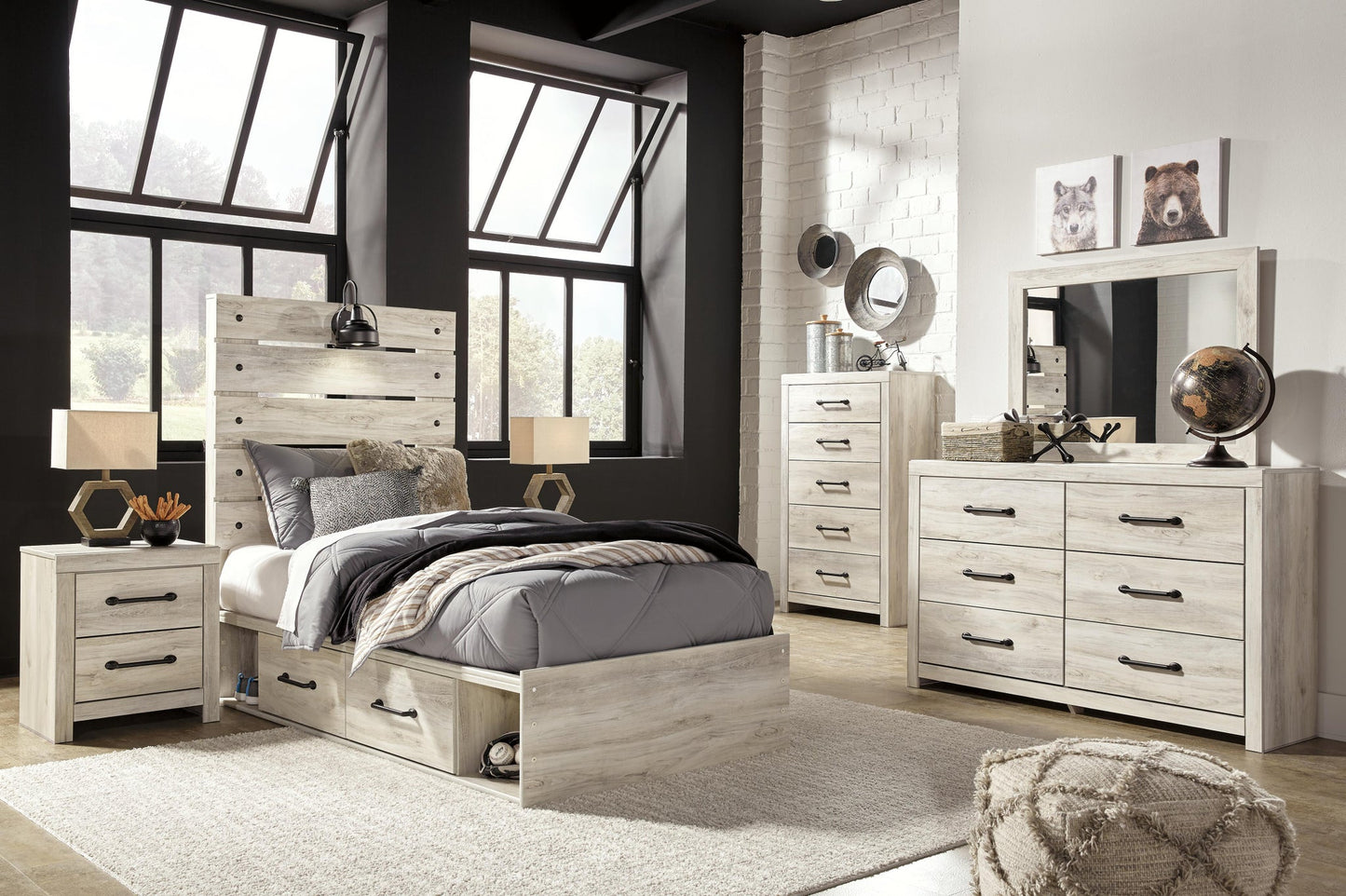 Cama doble Cambeck con 4 cajones, cómoda con espejo, cómoda y mesita de noche