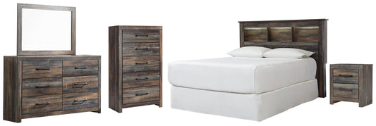 Cabecera de librería Drystan tamaño queen/full con tocador con espejo, cómoda y mesita de noche