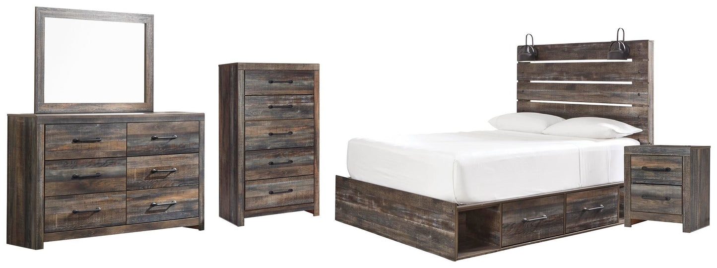 Cama Drystan Queen con 4 cajones, cómoda con espejo, cómoda y mesita de noche