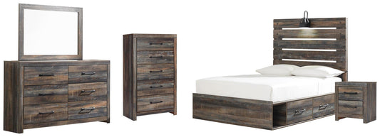 Cama Drystan de tamaño completo con 4 cajones de almacenamiento, cómoda con espejo, cómoda y mesita de noche